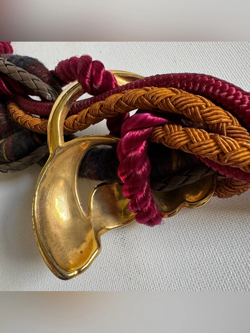 Vtg Burgundy Mixed Media Braided Woven Cord Belt Gold Tone Art To Wear Statement